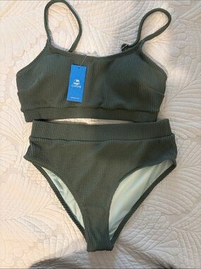 Cupshe Olive Green Ribbed Kids Two-Piece Swim Set